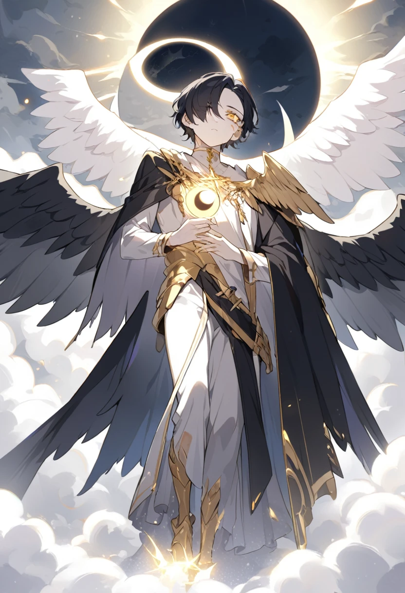 1man, adult, angel, pale skin, black hair, very short hair, white hairlocks, golden eyes, broken face, crack on the face, radiance coming from the crack, missing eye, black wings, eyed wings, bird legs, black robes, golden details, golden shoulder pads, golden prothesis in right hand, clawsprothesis, sword-cross on hands, eclipse, in the hand of god, radiance, fullbody
