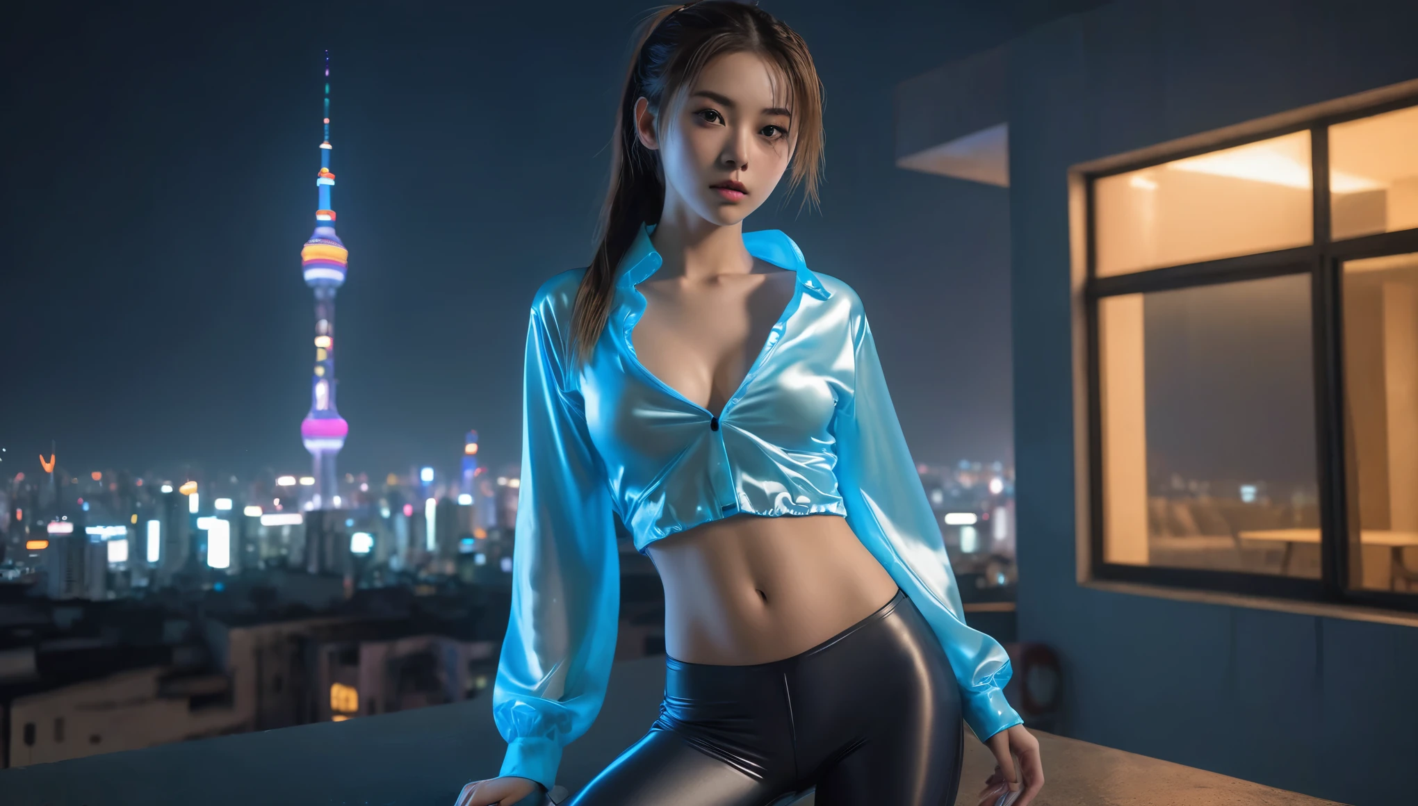 Top Quality, Masterpiece, High Resolution, 8k, (((cute skinny barely legal girl in oversized silk blouse and wetlook leggings, bare belly, wide neckline, deep neckline, small perky breasts, beautiful detailed eyes, beautiful detailed lips, small closed mouth, extremely detailed face, long ponytail hair, small hips))), cyberpunk apartment, moody atmosphere, dramatic and random neon colors, futuristic setting, intricate details, at night, backlit, full body shot, view from distance 