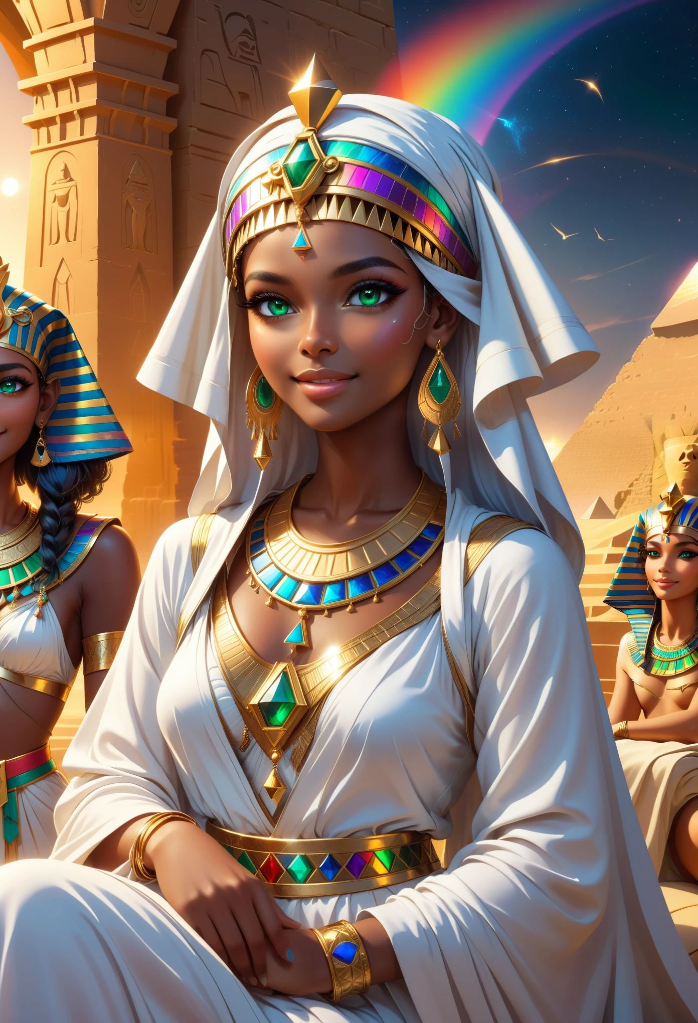 Beautiful Desert Princess, dark skin, Delicate face, Rainbow Emerald Eyes, Beautiful and delicate eyes, Beautiful and delicate lips, extremely Delicate face, Smile confidently, Complex headdress, Elegant robes, Mysterious eyes, Sphinx, Throne of Egypt, The Great Pyramids in the background, Gold jewelry, Warm Lights, Reality, Very detailed, 8K, Dramatic Lighting, fantasy, Movie