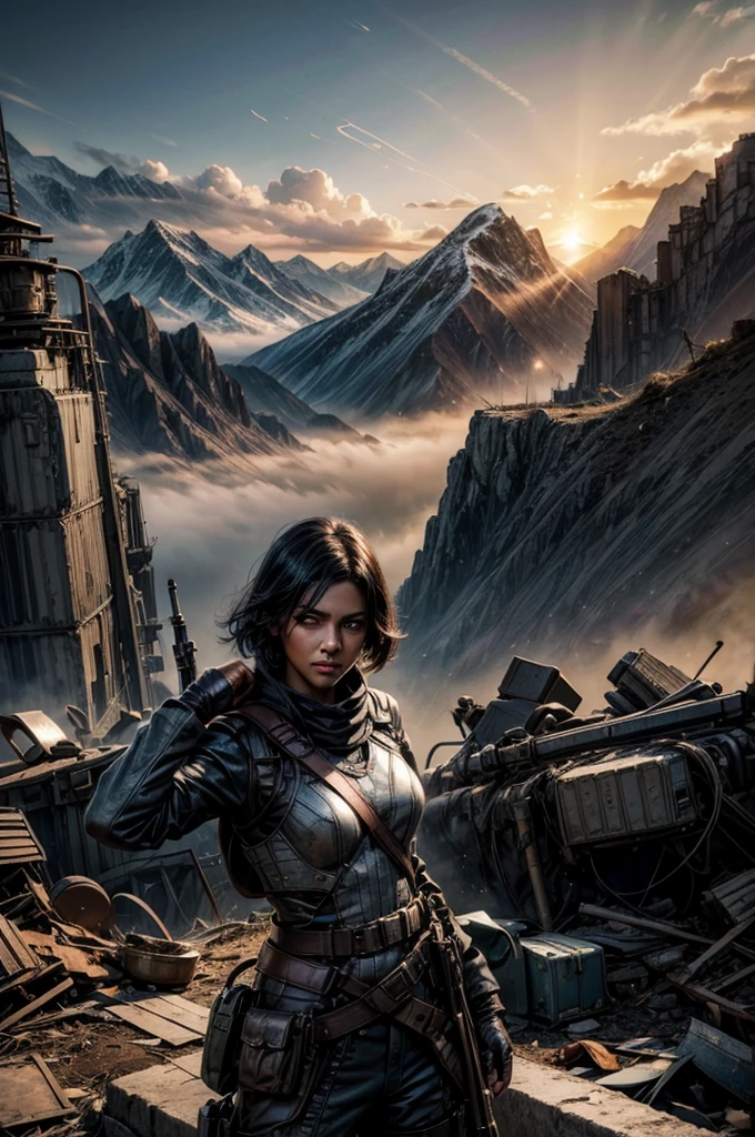 MariaCalavera, dark skin, black hair, short hair, silver eyes, military uniform, cowboy shot, (dynamic pose), (standing in aircraft scrapyard), in valley, BREAK mountains in background, waterfall, crowd, (crowd in military dress), post-apocalypse, dystopian future, bonfires, (volumetric lighting), intricate details, tonemapping, sharp focus, hyper detailed 