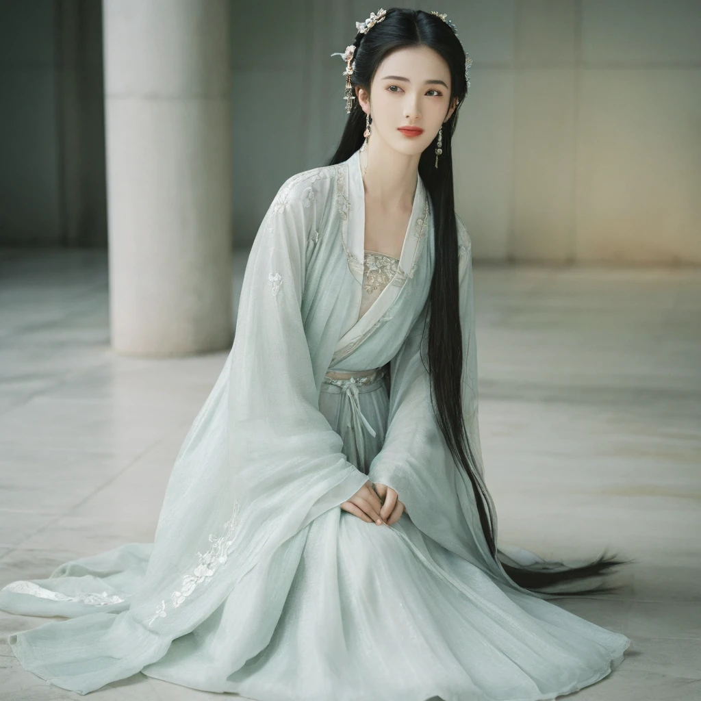 Liu Yifei wears hanfu, light smile, Stunningly Beautiful girl, dark red eyes, side-wet long hair, long ringlets, details, film lighting effect, light-dark contrast, huge round breasts, pearl earrings, crouch on smooth reflective marble floor, from below, full body shot, soft lights on face, dusk, windy, warm tone.