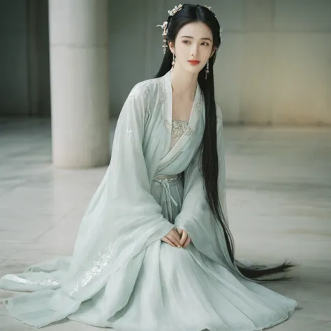 Liu Yifei wears hanfu, light smile, Stunningly Beautiful girl, dark red eyes, side-wet long hair, long ringlets, details, film l...