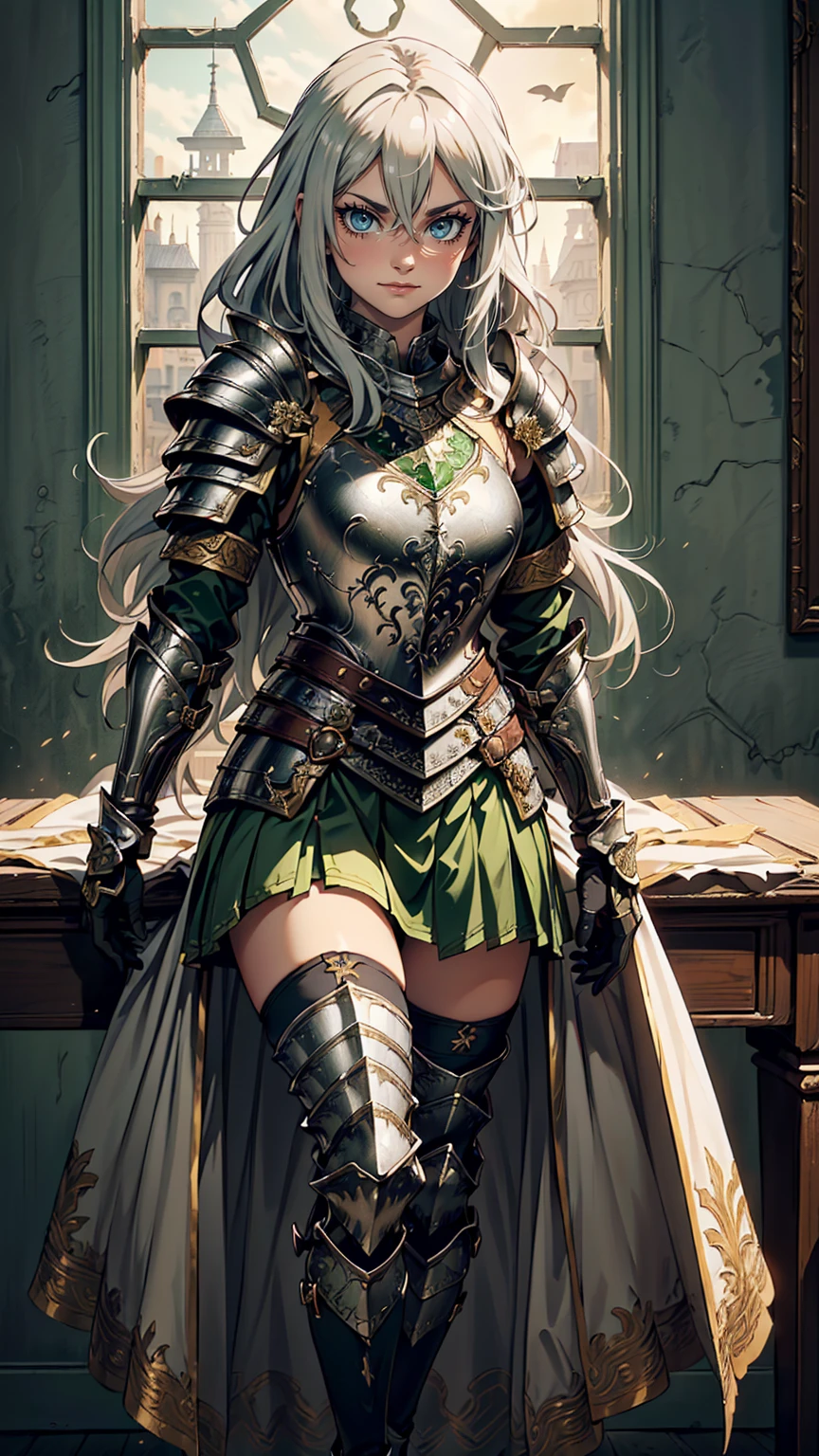 最high quality、Ultra High Definition, Ultra High Quality, Hyper Definition, Hyper Quality, Hyper Detailed, Extremely Detailed, Perfectly Detailed, Best image quality、masterpiece、anime woman((20-year-old、super dynamic pose , Green solid eyes, Silver long Hair、Disheveled Hair、Long White Hair,  Glove、Green Skirt, Noble Armor, Smirk, cheerful expression, Detailed Cuirass , Dressed in Full Coverage Noble Plate Armor, leg armor)),high quality、Beautiful art、background((Inside the mansion))、Written boundary depth、  movie、Visual Arts、Perfect art、8K,Genuine、