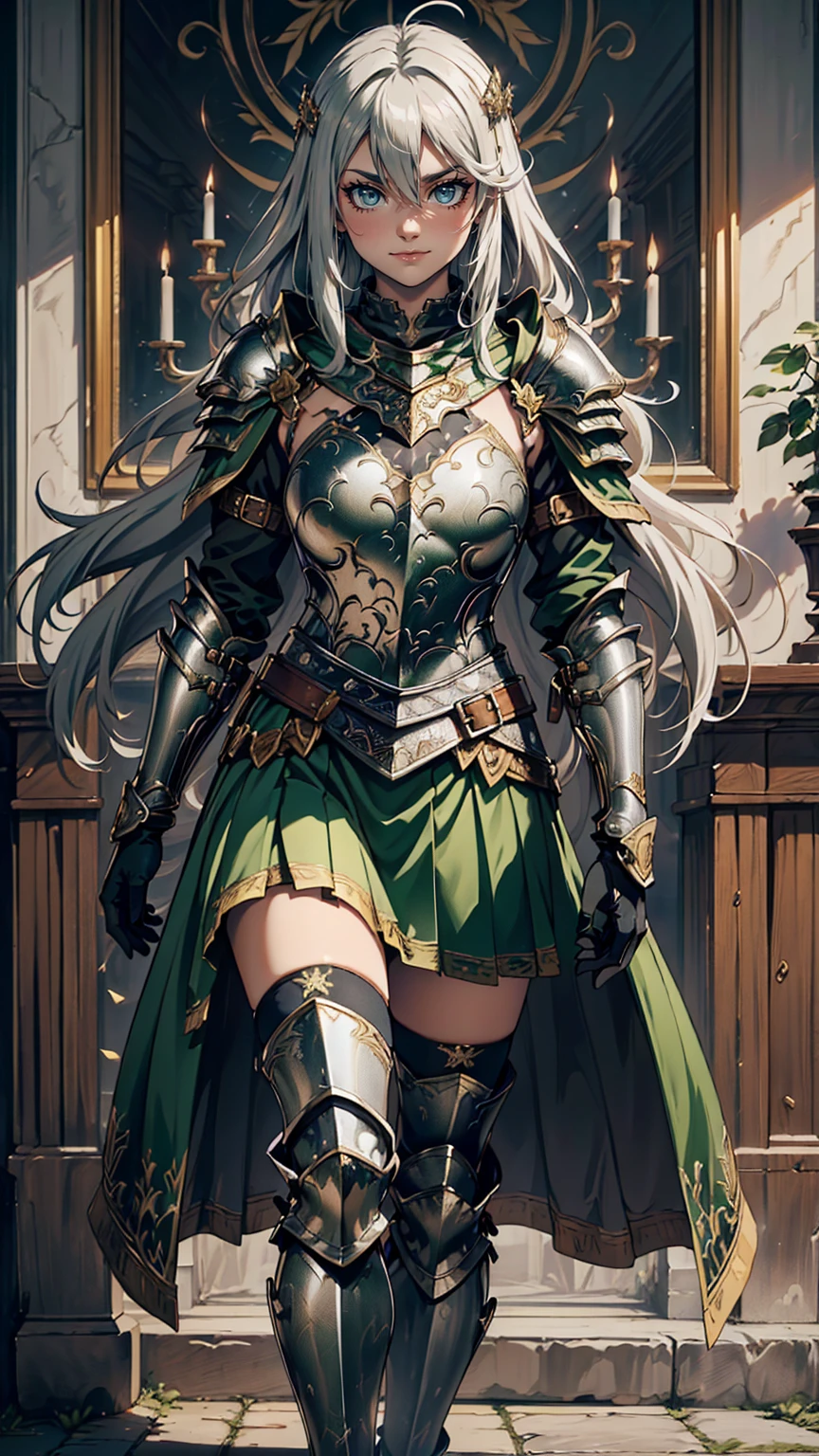 最high quality、Ultra High Definition, Ultra High Quality, Hyper Definition, Hyper Quality, Hyper Detailed, Extremely Detailed, Perfectly Detailed, Best image quality、masterpiece、anime woman((20-year-old、super dynamic pose , Green solid eyes, Silver long Hair、Disheveled Hair、Long White Hair,  Glove、Green Skirt, Noble Armor, Smirk, cheerful expression, Detailed Cuirass , Dressed in Full Coverage Noble Plate Armor, leg armor)),high quality、Beautiful art、background((Inside the mansion))、Written boundary depth、  movie、Visual Arts、Perfect art、8K,Genuine、