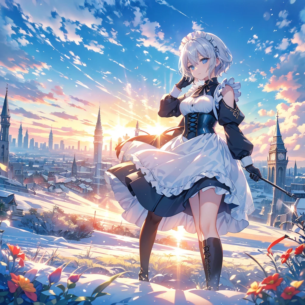 Illustration of one person, Dengeki Bunko, Woman Looking Back, Perfect Human Medicine, Woman keeps falling, {{{{{Maid clothes}}}}},Small Tits,anime, Two legs, Cool,{{{{{50 year old woman}}}}} ,{{{{{a person is depicted}}}}},(Official Art、{{{{{Upper Bodyアングル}}}}},Highest quality、Unity 8k wallpaper、32k、masterpiece、Ultra-detailed、Ultra-high resolution, Realistic、Grab your hair with your hands, Photorealistic:1.2)、(Cinema Lighting:1.2)、,Fire Glow Effect、The most grainy shadows on the film、Rim Light、Side light、Side Shot、(Ultra-detailedで複雑な3Dレンダリング)、Very short hair, Short wolf hair,細部までBeautiful Faceと目、Sharp pupils、Realistic生徒、Slender、Highly detailed background、Beautiful Face、Beautiful 16 year old girl、(Ultra-detailedなスキン、Detailed skin texture:1.Silver Hair:1.3)、Blunt bangs、blue eyes、{{{{{黒いMaid clothes}}}}}、White apron costume、Black knee socks、(Thighs Thighs Thighs Thighs:0.8)、Black Bhutanese sticks and a beautiful sunset、Medieval castle、Dancing on the Tower Roof、(avert your eyes、Overlooking the city:1.3)、Fantastic、Close your mouth and bite, Makes your face smaller, (Tabletop), Highest quality, Perfect Face, 1 Girl, alone, Eye color is light blue, Hair between the eyes, Very Short Hair, blue eyes, Silver Hair, Knee-high boots, corset,Black gloves, Long sleeve, Upper Body,