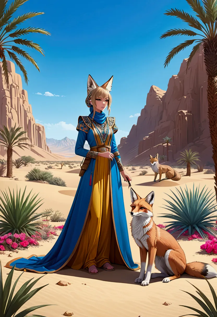 (a Desert Princess), dressed in exquisite desert attire plays with her pet desert fox in an oasis surrounded by various desert p...