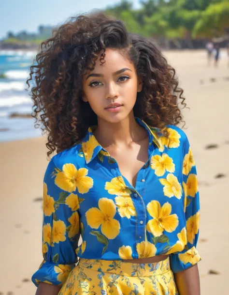 Very realistic, 4K, professional photos, 22 year old girl, black girl, big curly hair, HDR, detailed face, Medium body, yellow s...