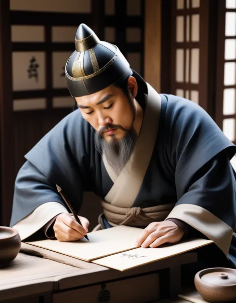 Korean middle ages man writing 4 envelops on his desk
