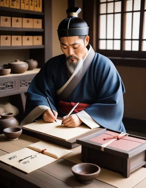 Korean middle ages man writing 4 envelops on his desk
