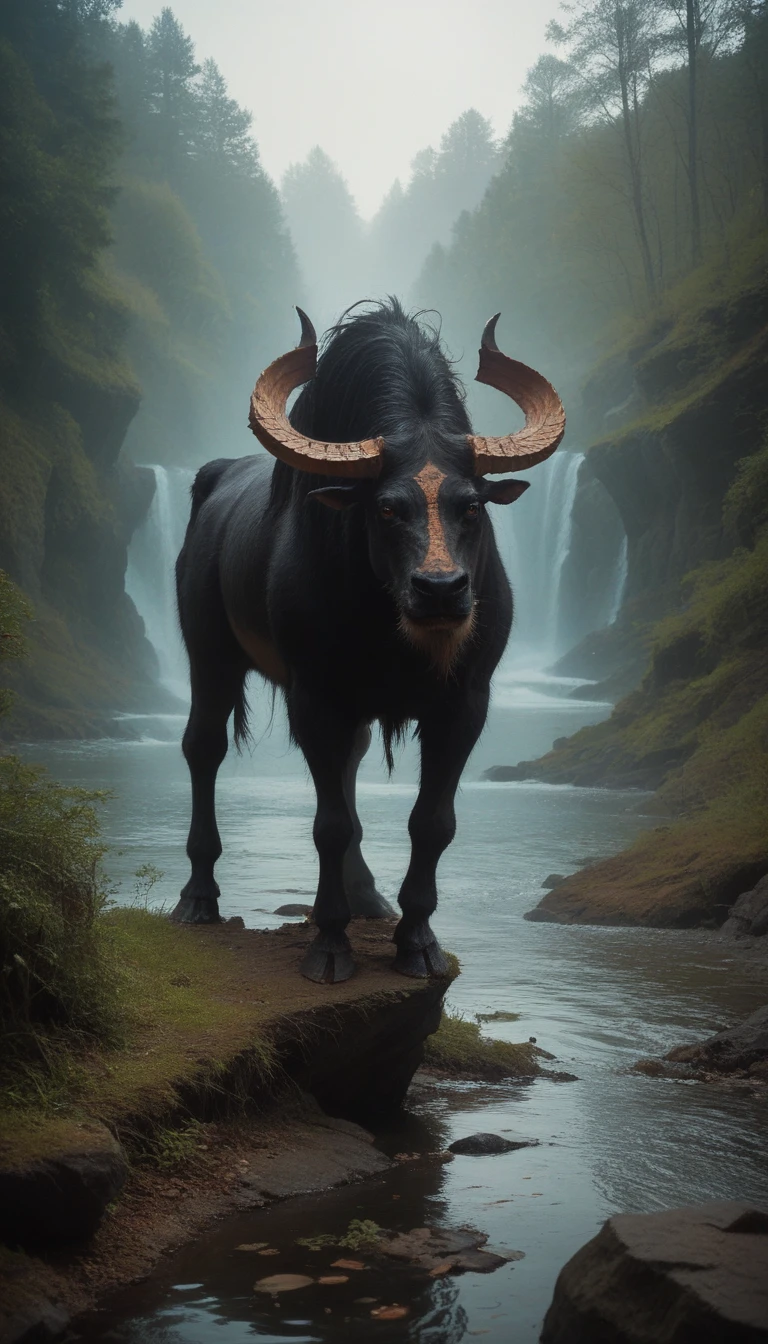 There is a beast in the water，Looks like an eagle，The head has double horns（best quality，4K，8K，High level，masterpiece：1.2），Ultra Detailed，（lifelike，Photo real，Photo real：1.37），Highly detailed animals，Complex patterns，Realistic lighting，Fantasy Creatures