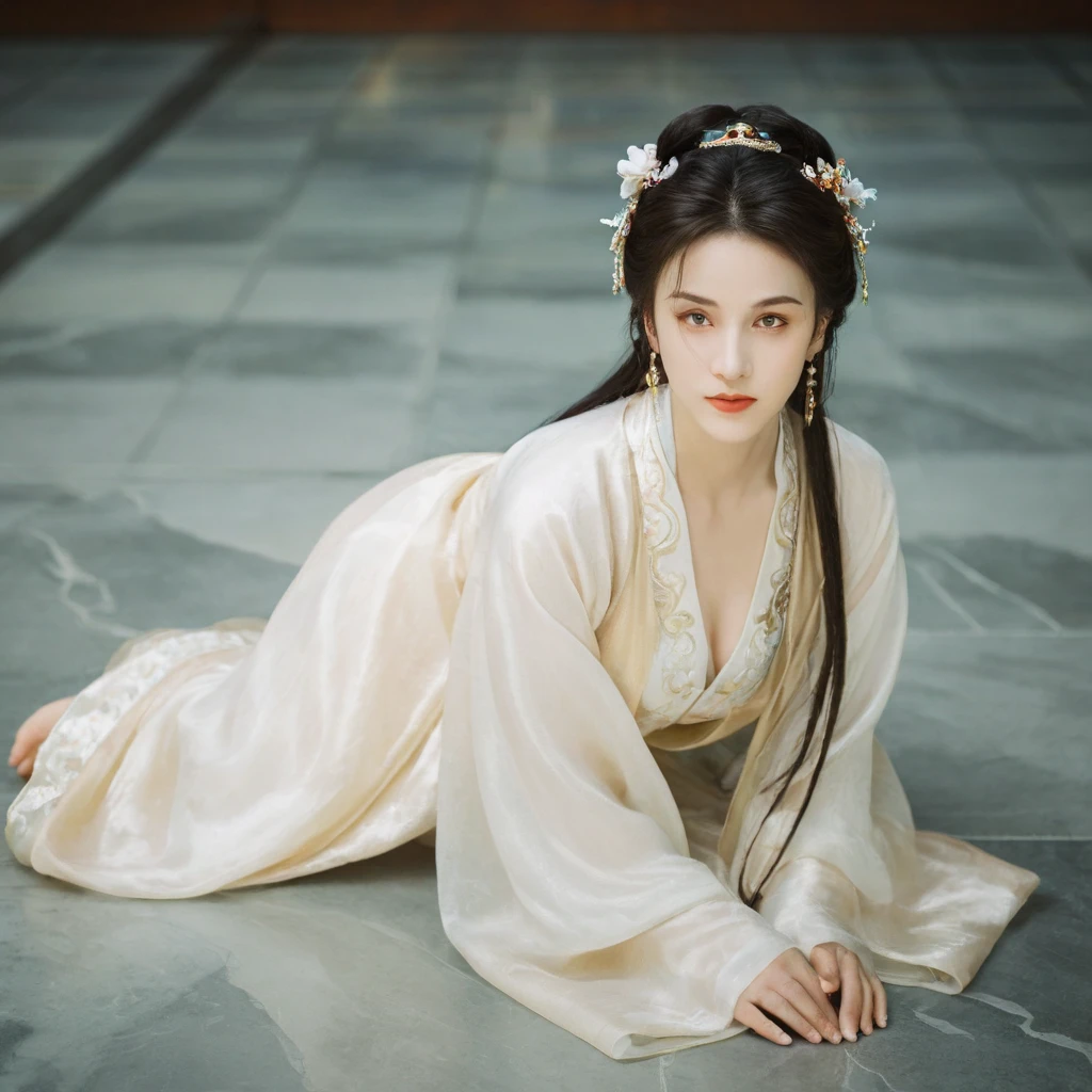 Chun Li wears hanfu, light smile, Stunningly Beautiful girl, dark red eyes, side-wet long hair, long ringlets, details, film lighting effect, light-dark contrast, huge round breasts, pearl earrings, crouch on smooth reflective marble floor, from below, full body shot, soft lights on face, dusk, windy, warm tone.