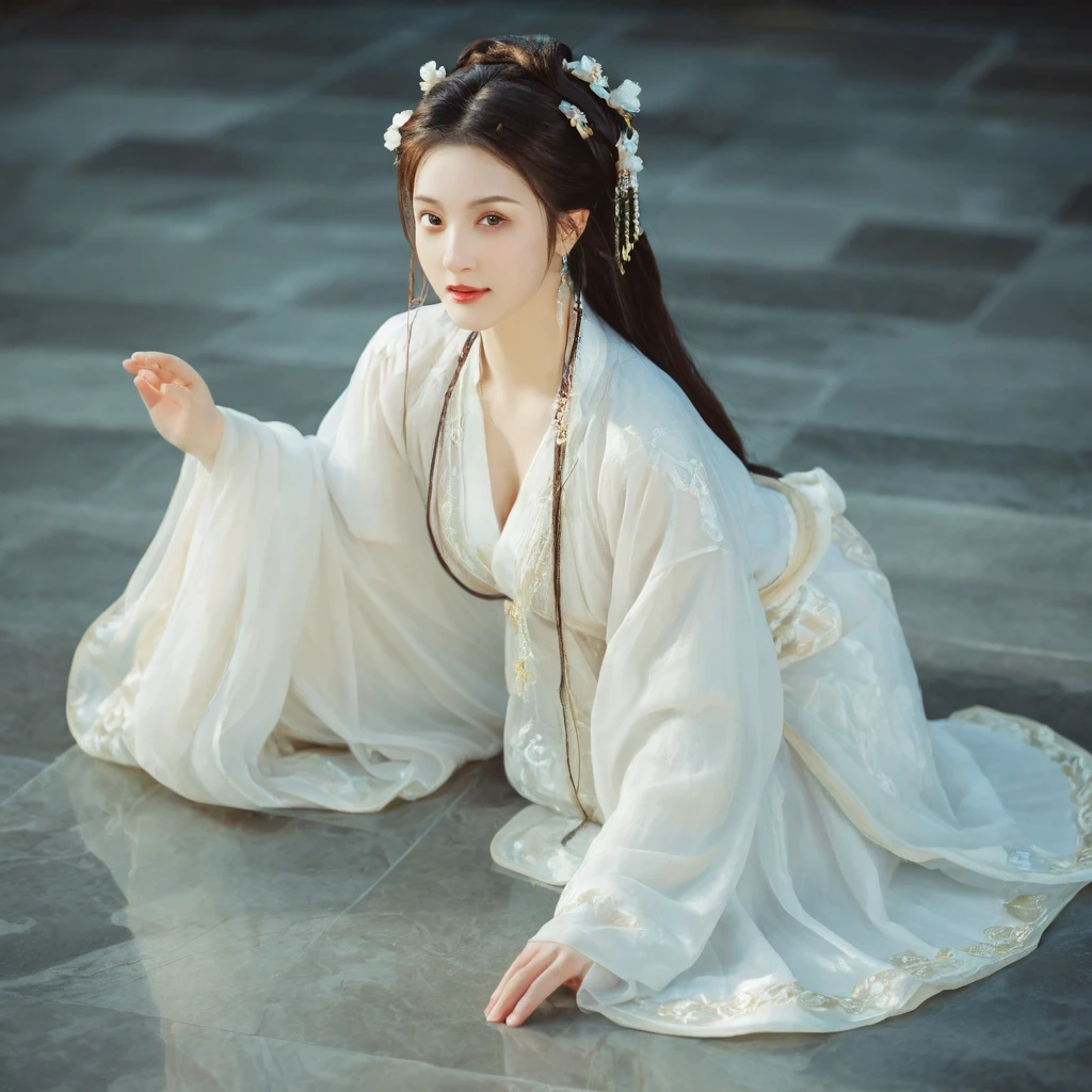 Chun Li wears hanfu, light smile, Stunningly Beautiful girl, dark red eyes, side-wet long hair, long ringlets, details, film lighting effect, light-dark contrast, huge round breasts, pearl earrings, crouch on smooth reflective marble floor, from below, full body shot, soft lights on face, dusk, windy, warm tone.