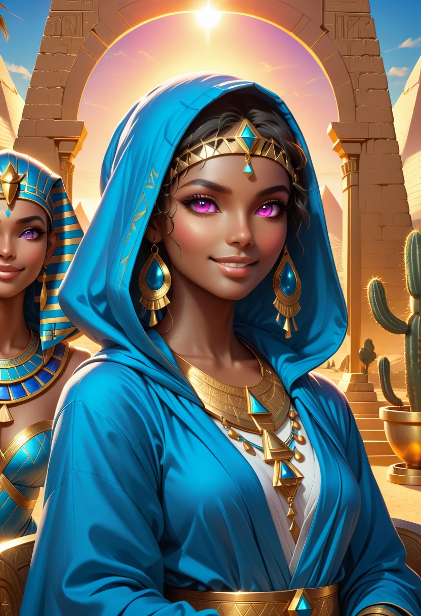 Beautiful Desert Princess, dark skin, Exquisite facial features, Pink eyes, Eye details, Smooth skin, Smile confidently,hood, Elegant blue robe, Mysterious eyes, Sphinx, Throne of Egypt, The Great Pyramids in the background,Cactus background with golden ornaments,Natural gemstones， Warm Lights, Reality, Very detailed, 8K, Dramatic Lighting, fantasy, Movie