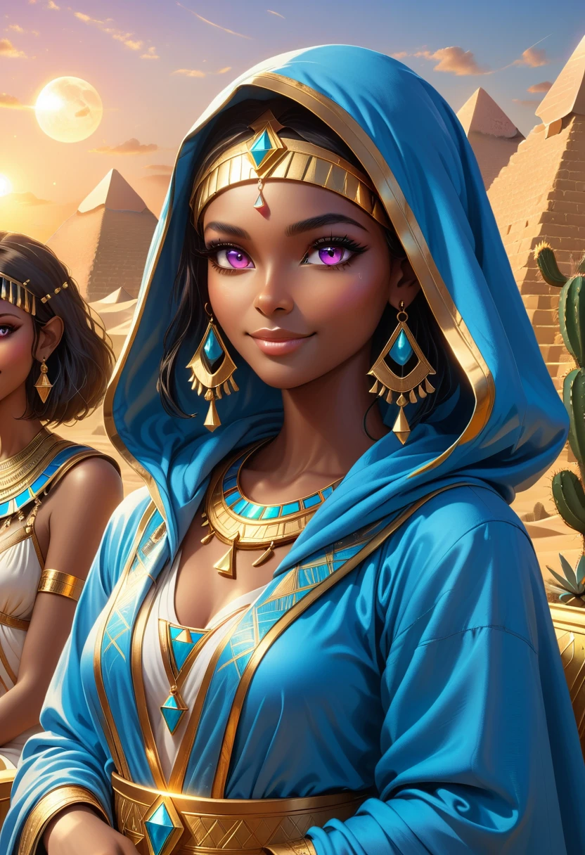 Beautiful Desert Princess, dark skin, Exquisite facial features, Pink eyes, Eye details, Smooth skin, Smile confidently,hood, Elegant blue robe, Mysterious eyes, Sphinx, Throne of Egypt, The Great Pyramids in the background,Cactus background with golden ornaments,Natural gemstones， Warm Lights, Reality, Very detailed, 8K, Dramatic Lighting, fantasy, Movie