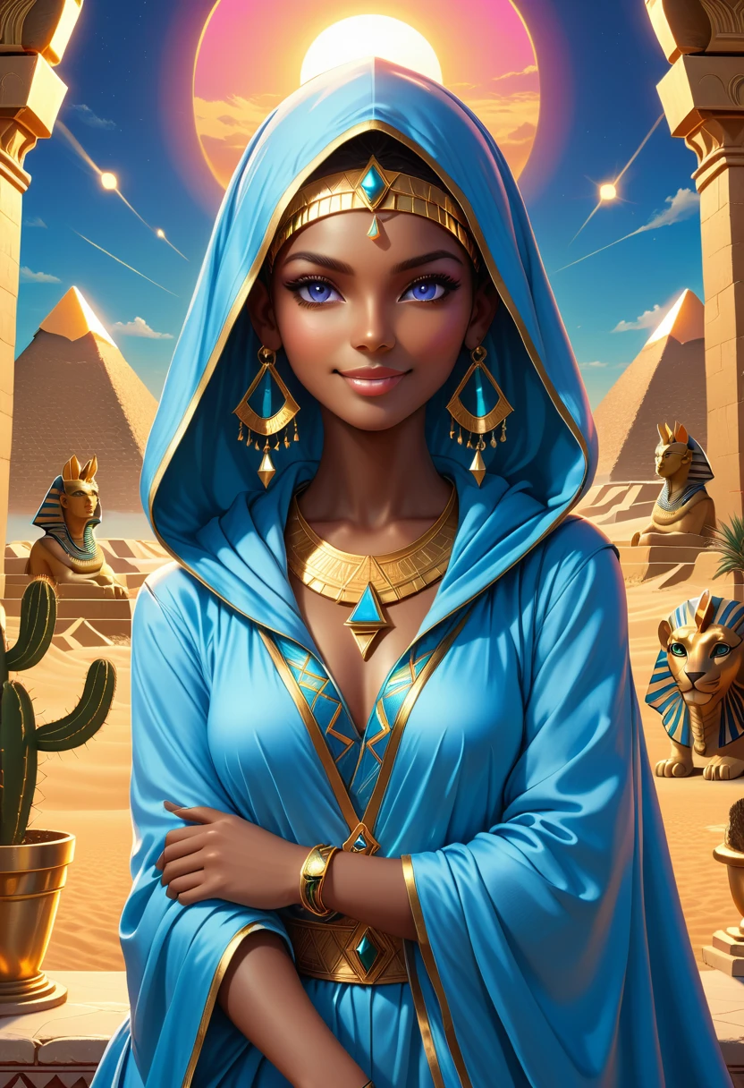 Beautiful Desert Princess, dark skin, Exquisite facial features, Pink eyes, Eye details, Smooth skin, Smile confidently,hood, Elegant blue robe, Mysterious eyes, Sphinx, Throne of Egypt, The Great Pyramids in the background,Cactus background with golden ornaments,Natural gemstones， Warm Lights, Reality, Very detailed, 8K, Dramatic Lighting, fantasy, Movie