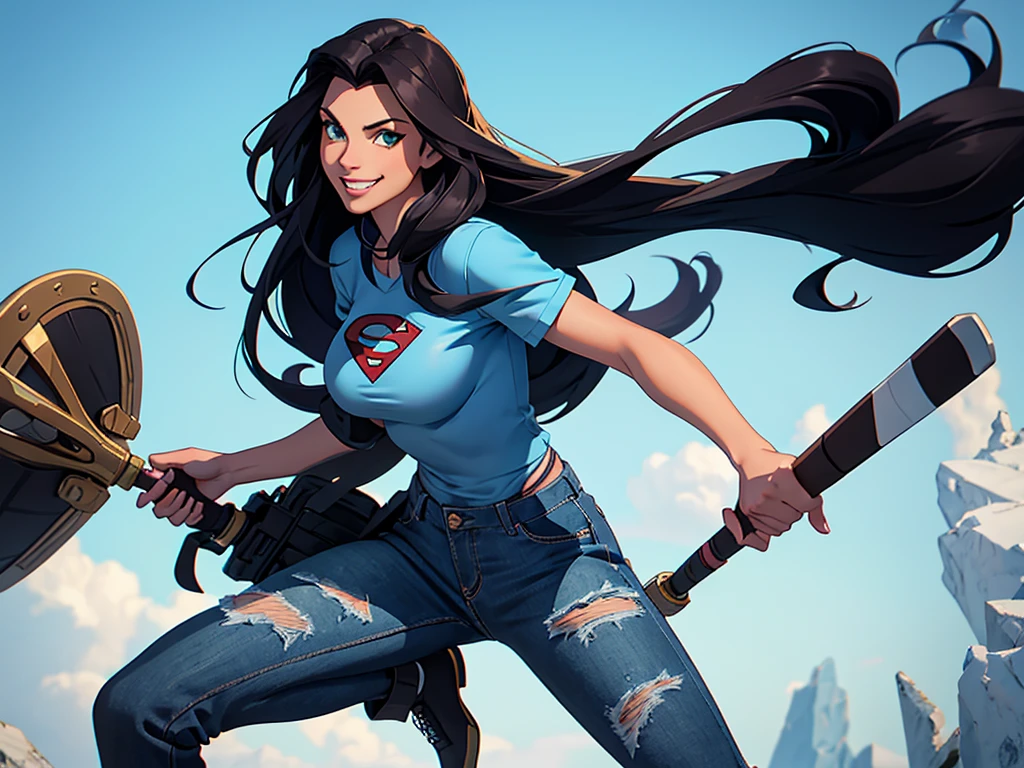 cartoon tall American facial features, Gorgeous and sultry busty, happy, dark long brunette straight hair, with sharp facial features, big smile, white teeth, slim athletic, large breasts and a long face, wearing aviator sunglasses, dark blue ripped jeans, and green ice hockey shirt. Super hero pose. 