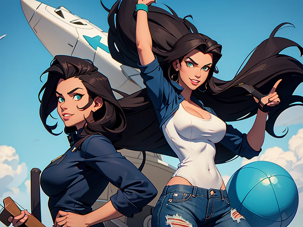 cartoon tall American facial features, Gorgeous and sultry busty, happy, dark long brunette straight hair, with sharp facial features, big smile, white teeth, slim athletic, large breasts and a long face, wearing aviator sunglasses, dark blue ripped jeans, and green ice hockey shirt. Super hero pose. 