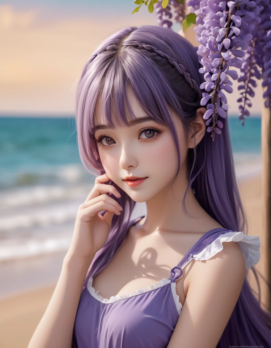 (close up face), extremely beautiful and tender girl, elegant pose, small smile, beautiful tender eyes symmetrical, (beautiful and detailed face), beautiful long (twintail) hair, (wisteria purple hair:1.3), blunt bangs, nice hands, perfect hands, bitter-sweet inspired motif frilly swimsuits, (beachside), a lot of frills,