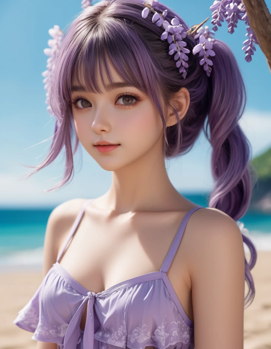 (close up face), extremely beautiful and tender girl, elegant pose, small smile, beautiful tender eyes symmetrical, (beautiful and detailed face), beautiful long (twintail) hair, (wisteria purple hair:1.3), blunt bangs, nice hands, perfect hands, bitter-sweet inspired motif frilly swimsuits, (beachside), a lot of frills,