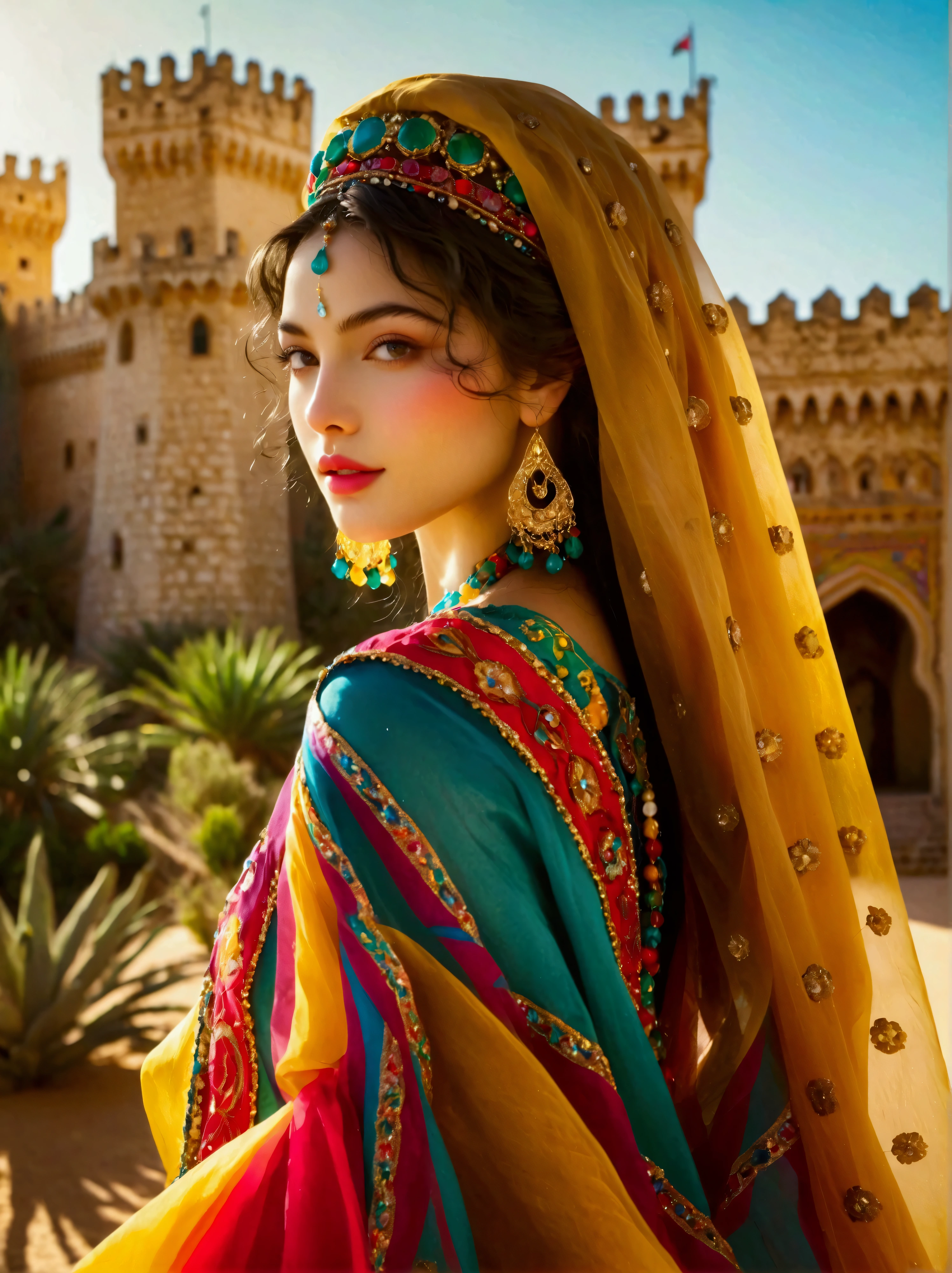 Princesse du désert, Portez des vêtements traditionnels colorés, Une atmosphère de magie et de fantaisie, Semblable au décor d’une affiche d’animation. Elle prend une superbe pose à Alger&#39; château enchanteur, Généralement filmé avec un objectif grand angle, Montrez la grandeur du lieu, Une passion pour la couleur et la vitalité. Un accent particulier sur la représentation de l&#39;essence de la culture et du patrimoine nord-africains, Incarnant sa royauté et sa féminité inhérentes