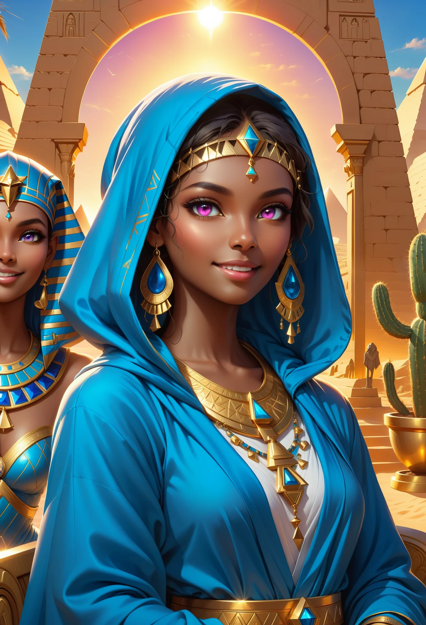 Beautiful Desert Princess, dark skin, Exquisite facial features, Pink eyes, Eye details, Smooth skin, Smile confidently,hood, Elegant blue robe, Mysterious eyes, Sphinx, Throne of Egypt, The Great Pyramids in the background,Cactus background with golden ornaments,Natural gemstones， Warm Lights, Reality, Very detailed, 8K, Dramatic Lighting, fantasy, Movie