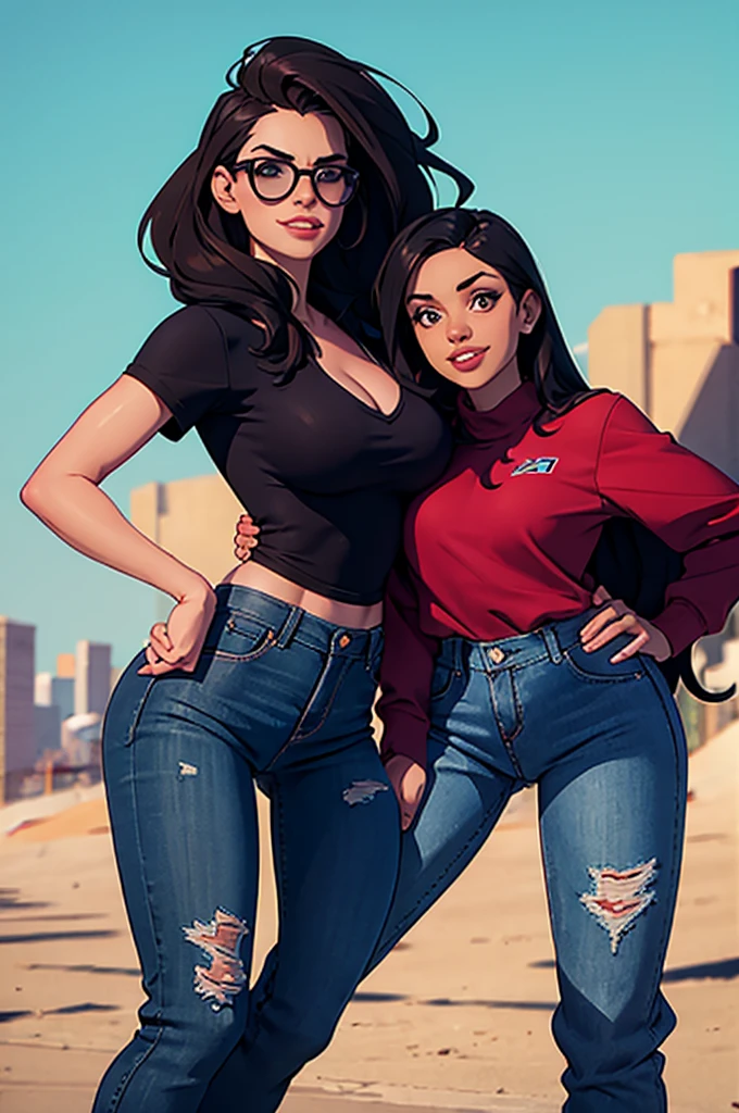 cartoon, tall, American facial features, Gorgeous and sultry, busty, happy, dark long brunette, straight hair, sharp facial features, big smile, white teeth, slim athletic, large breasts and a long face, wearing sunglasses, dark blue ripped jeans, green ice hockey shirt.