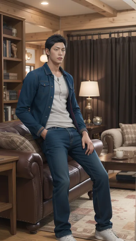 realistic photo of handsome aomine daiki ,living room