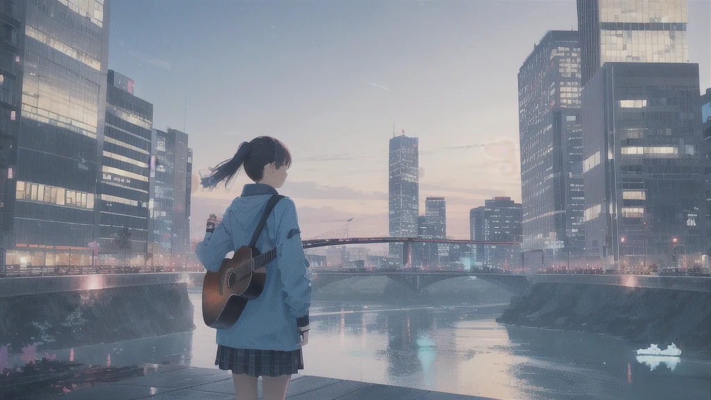 Acoustic guitar,真っ暗なnight空,Octane, star (null), scenery, Blue parakeet,Acoustic guitarは身体の前,star, night, Girl, Back view, Outdoor, city,river,Blue parakeet,building, cloud, 天のriver,silhouette