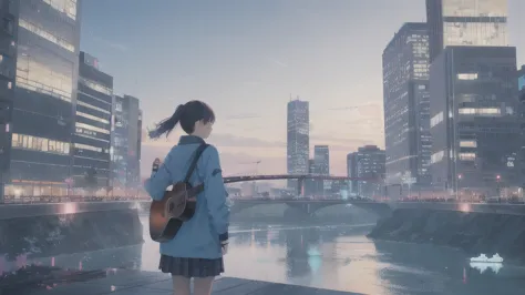 Acoustic guitar,真っ暗なnight空,Octane, star (null), scenery, Blue parakeet,Acoustic guitarは身体の前,star, night, Girl, Back view, Outdoo...