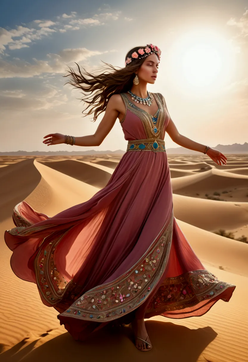 (a Desert Princess), standing on the top of the sand dune, dressed in a flowing long dress, with her skirt dancing in the wind l...