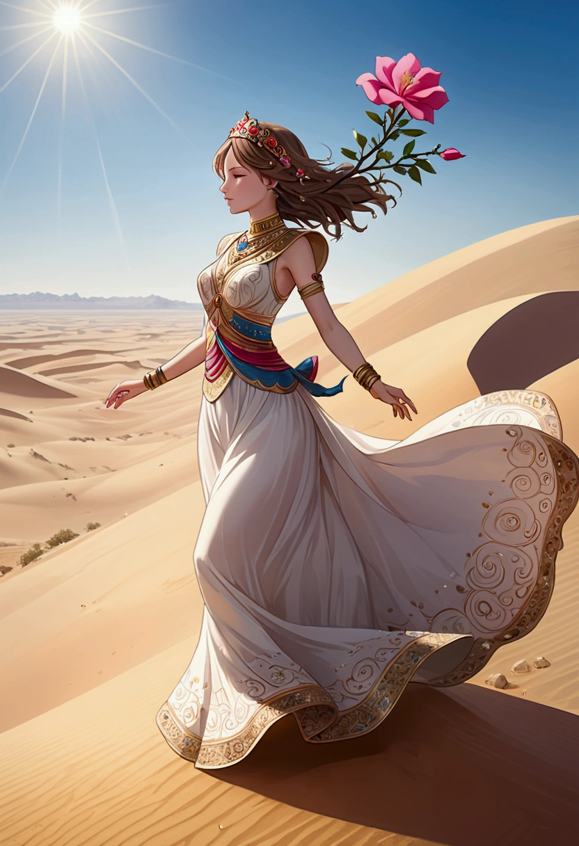 (a Desert Princess), standing on the top of the sand dune, dressed in a flowing long dress, with her skirt dancing in the wind like flowers blooming in the desert. The gemstones embedded in her headdress shone in the sunshine, and she held a desert rose in her hand, symbolizing a tough and beautiful image. The background was a vast desert and a clear sky, full body, (Photography), panoramic view, award-winning, cinematic still, emotional, vignette, dynamic, vivid, (masterpiece, best quality, Professional, perfect composition, very aesthetic, absurdres, ultra-detailed, intricate details:1.3)