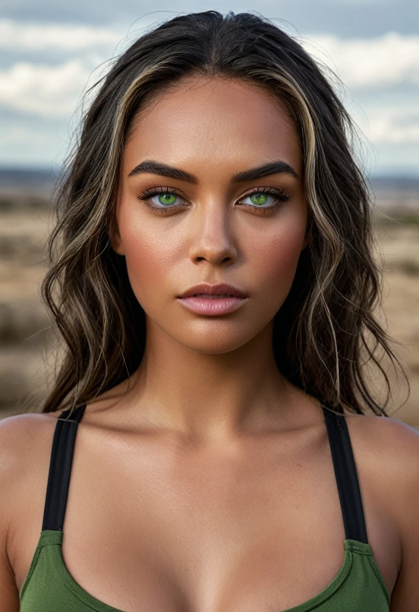 RAW photo, A woman in a crop top and a black blouse, perfect face, fine details, realistic shading, fierce expression, sweat on her face, 1 hyper-realistic real photo, frontal close-up, Completely Arafed woman with green eyes, head held high. of a strong, muscular woman, determined expression, fierce look, athletic build, confident pose, beautiful young black woman of 25 years old with voluminous dark skin with highlights, green eyes, beautiful green eyes, realistic and detailed, symmetrical, hyper-realistic green eyes (eyeliner, long and perfect choices, the nose is small and proportional to the face and the soft contour of the face that accentuates the high cheekbones, protective and defined lips, full lips, voluminous lips). The face is oval, with high cheekbones and a well-defined chin, a beautiful and detailed face. Skin tone: Olive skin, healthy and evenly glowing, with olive skin, specific skin texture, beautiful and shiny skin, intricate details, smooth skin, healthy and radiant appearance. Hourglass body, voluptuous body, slender woman, perfect body, a brunette goddess. 50mm lens, f/2.8, hdr, RAW photo (8K), high quality resolution 8K uhd, dslr, 2k, 4K, 8K, 16K. photographic photo photography, 800 for Kodak door, 35mm photography, film, bokeh, professional, 4K, highly detailed, an intimidating look, looking in front of the camera, look straight ahead, anger in her eyes, look of revenge on her face, a burning kingdom in the background, and blood smeared on his face, professional post-apocalyptic style photo set, incredibly detailed, intricate wasteland landscape background, (((Artwork))), maximum quality, 8K, Ultra high resolution, High contrast, Low saturation, (realistic:1.4), )), cyberpunk street clothing, grunge style, textured, distressed, edgy, dirty, noisy, street, point of view, face. Hyperrealistic sandy 8k 18+ dirty beautiful epic high resolution composition
