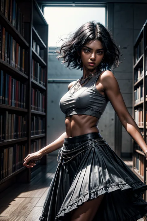 mariacalavera, dark skin, black hair, short hair, silver eyes, t-shirt, skirt, cowboy shot, (dynamic pose), standing in library ...