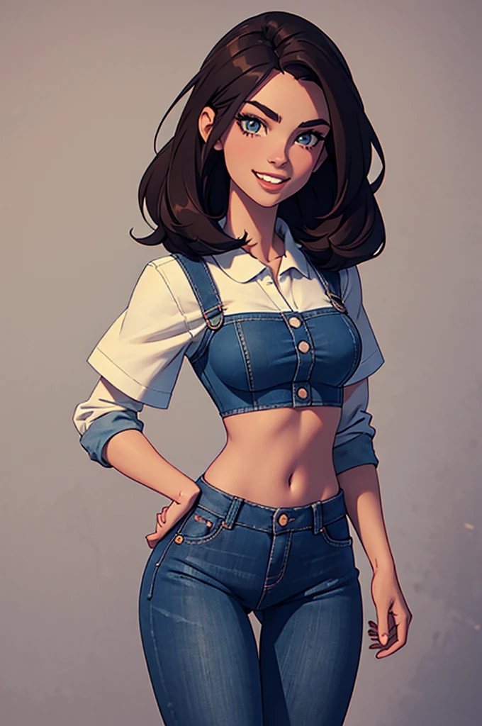 cartoon, tall, western facial features, Gorgeous and sultry busty, happy, dark long brunette, straight hair, sharp facial features, big smile, white teeth, slim athletic, large breasts and a long face, dark blue ripped jeans, ice hockey shirt. One character only