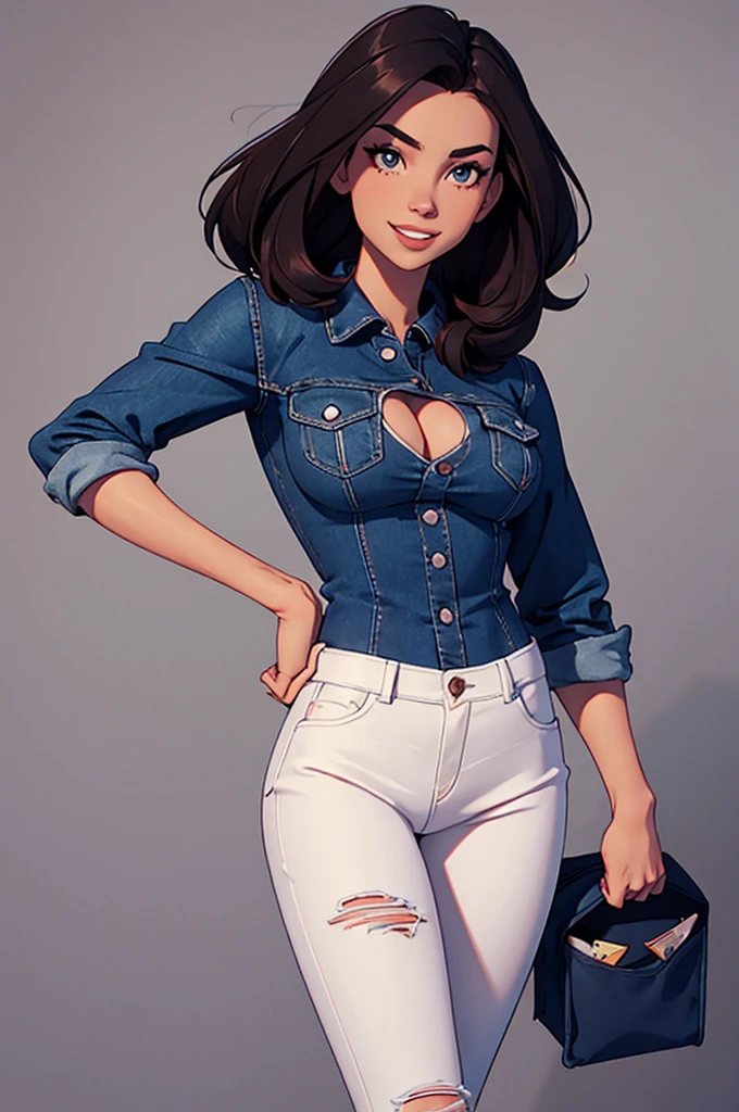 cartoon, tall, western facial features, Gorgeous and sultry busty, happy, dark long brunette, straight hair, sharp facial features, big smile, white teeth, slim athletic, large breasts and a long face, dark blue ripped jeans, ice hockey shirt. One character only