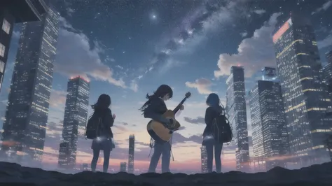 Acoustic guitar,真っ暗なnight空,Octane, star (null), scenery, Blue parakeet,Acoustic guitarは身体の前,star, night, Girl, Back view, Outdoo...