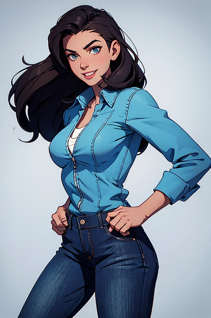 cartoon, tall, american facial features, Gorgeous and sultry busty, happy, dark long brunette, straight hair, sharp facial features, big smile, white teeth, slim athletic, large breasts and a long face, dark blue ripped jeans, ice hockey shirt. One character only