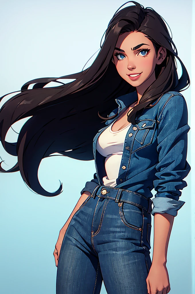 cartoon, tall, american facial features, Gorgeous and sultry busty, happy, dark long brunette, straight hair, sharp facial features, big smile, white teeth, slim athletic, large breasts and a long face, dark blue ripped jeans, ice hockey shirt. One character only