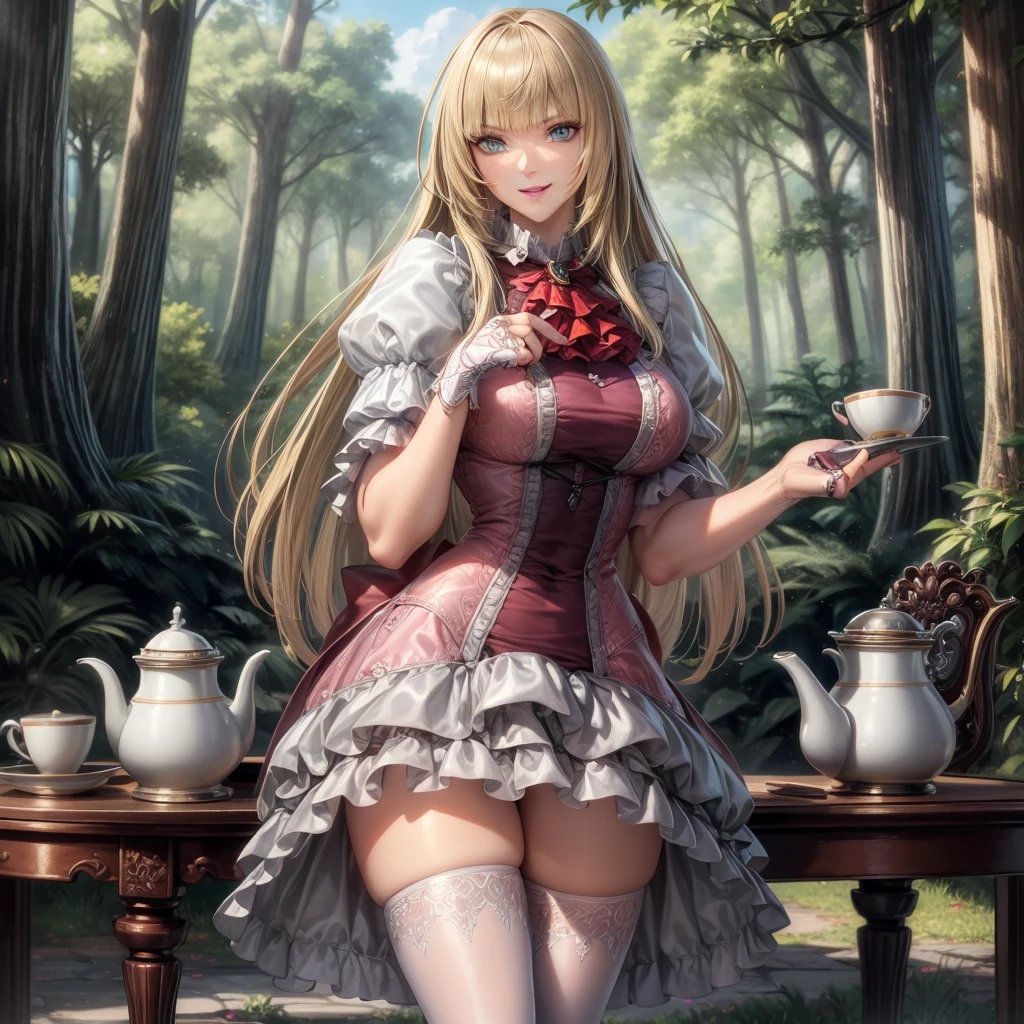 perfect eyes:1.2, detailed eyes:1.4, Emilie T8, blunt bangs, blue eyes, long hair, blonde hair, thighhighs, lace-up boots, pink frilled dress, frilled ascot, fingerless gloves, smile, red eyeshadow:1.2, makeup:1.2, cowboy shot, 1girl, solo, (masterpiece:1.6, best quality), 8k, insane details, intricate details, hyperdetailed, hyper quality, high detail, ultra detailed, professional, HDR, ray tracing reflection, cinematic lighting,