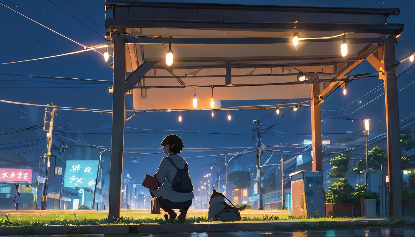 Une scène urbaine avec des néons, des rues calmes et un ciel étoilé, style animé ((Makoto Shinkai)), Makoto Shinkai&#3 background animé complet HD, oeuvre conceptuelle, tumblr, réalisme magique, dessin animé mignon, animé complet HD