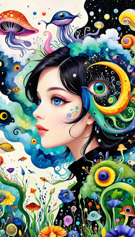 1snails小屋，artists from the stars，colorful black，a world of color，dopamine，mouth，a cloud、snails、iris、fish、tentacles、bird、eye、diat...