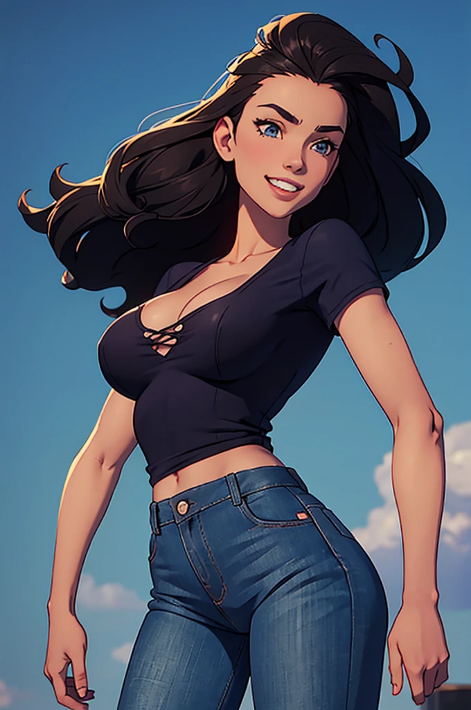 cartoon, tall, western facial features, Gorgeous and sultry busty, happy, dark long brunette, straight hair, sharp facial features, big smile, white teeth, slim athletic, large breasts and a long face, dark blue ripped jeans, ice-hockey t-shirt. One character only, isolated.