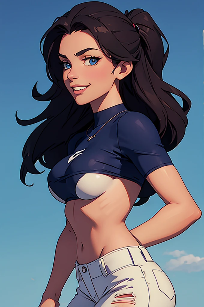 cartoon, tall, western facial features, Gorgeous and sultry busty, happy, dark long brunette, straight hair, sharp facial features, big smile, white teeth, slim athletic, large breasts and a long face, dark blue ripped jeans, ice-hockey t-shirt. One character only, isolated.