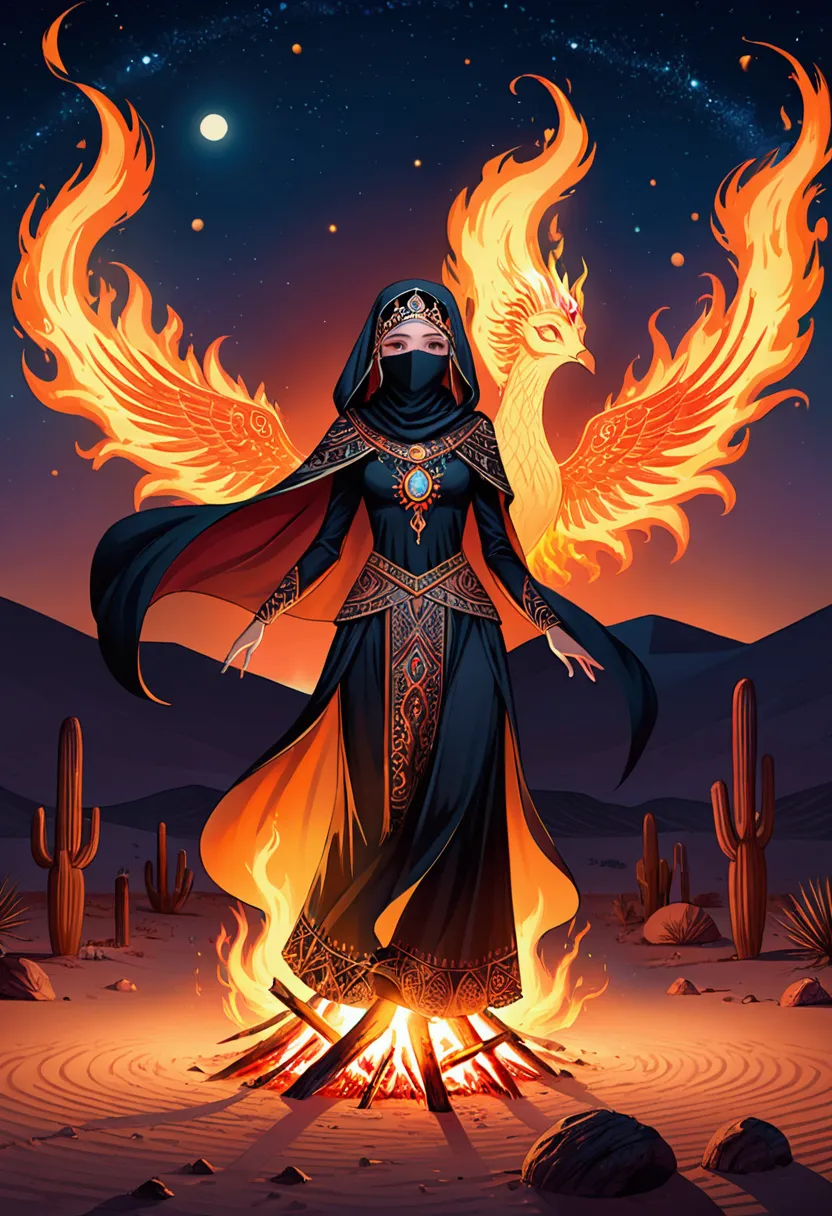(a Desert Princess), In the moonlit desert, a desert princess dressed in a veil dances around a burning bonfire, the flames refl...