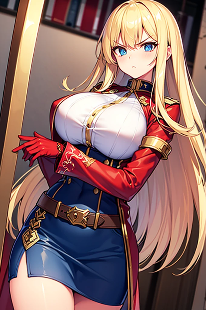 20-year-old girl, long blonde hair, blue eyes, angry expression, long dark blue skirt with gold embroidery at the hem, old-fashioned blue blouse with long fitted sleeves, adorned with red details, red leather gloves that reach her elbows, dark brown leather boots that reach mid-calf, leather belt adorned with a golden buckle and red details, her weapon is a huge greatsword with a gold and red decorated handle, hanging on her back in an ornate sheath.