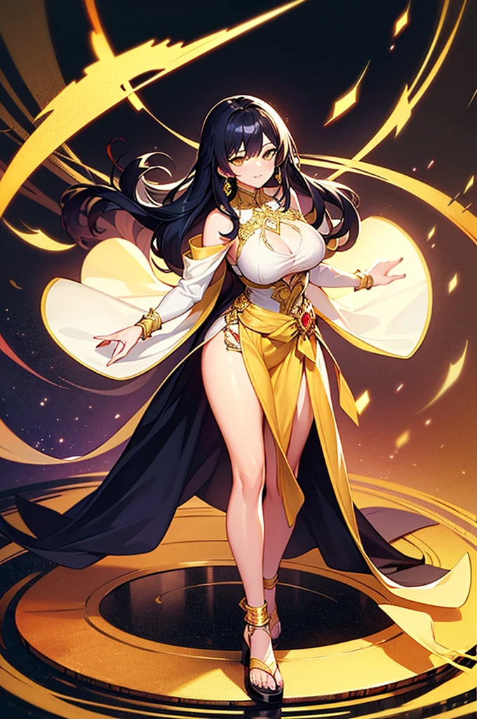 20 years old, with long black hair down to her waist, golden eyes. She wears jewelry and dresses in an antique style, donning a long white dress with golden details. She wears elegant gladiator sandals. She possesses golden powers and has a golden-themed background. 