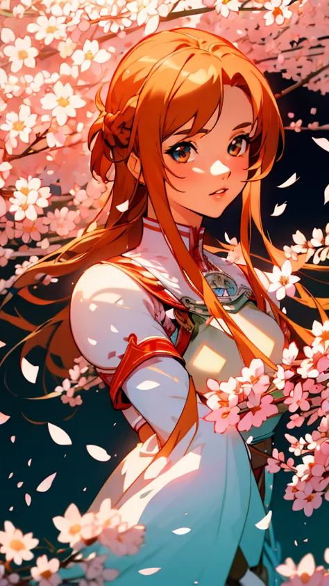 asuna, ((masterpiece)), highres, asuna (sao), crown braid, light orange hair, armor, cherry blossoms, dutch angle, detailed face...