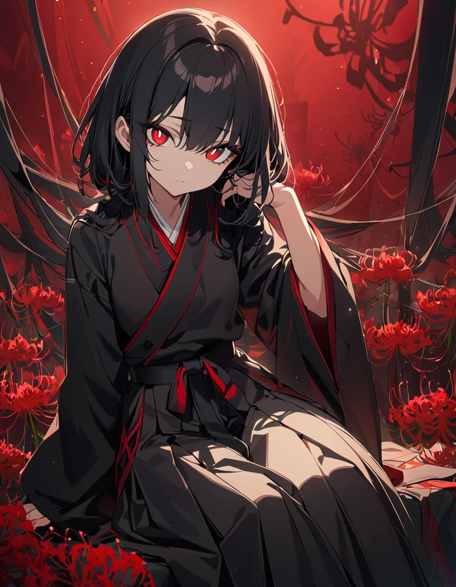 One girl, masterpiece, top quality, beautiful, expressionless, jet black hair, red pupils, big eyes, hakama skirt, cute sleeves, red spider lily, sitting, anime