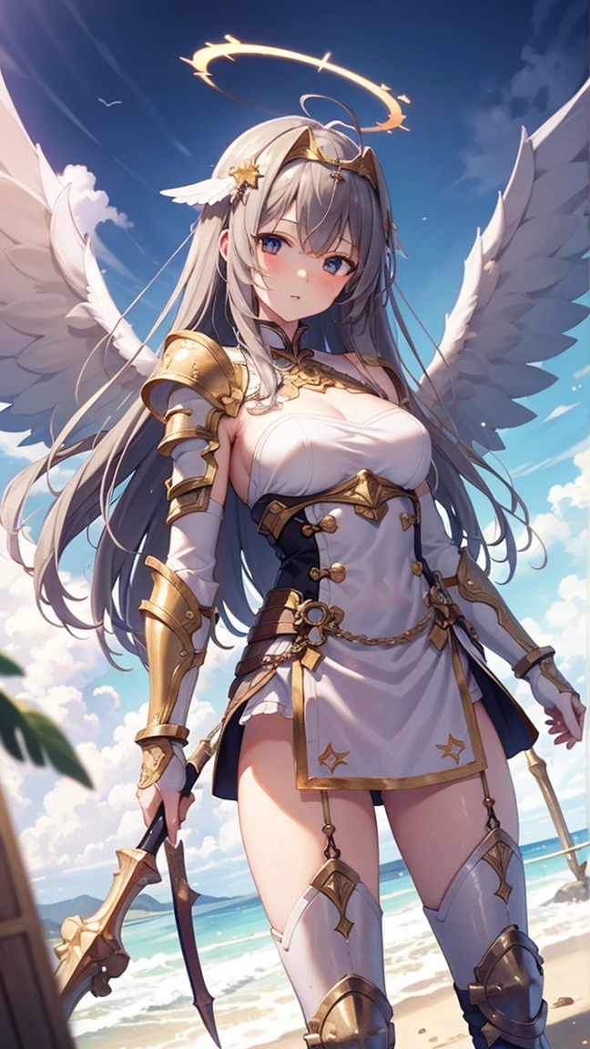 1 Girl,Angel wings,Medium breasts,(Sunlight),(Angel),Dynamic Angle,floating,wing,Halo,floating white silk,(Holy Light),Silver Star,outdoor,Sky,antenna,Chinese weapons,Holding lever arm,spear,fly,flying,Shoulder_armor,Shin_Guard,Oil residue,helmet,armor,, (masterpiece:1,2), best quality, masterpiece, high resolution, The original, Extremely detailed wallpaper, Perfect lighting,(Extremely detailed CG:1.2), drawing, brush