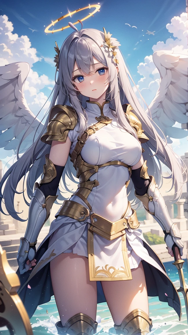 1 Girl,Angel wings,Medium breasts,(Sunlight),(Angel),Dynamic Angle,floating,wing,Halo,floating white silk,(Holy Light),Silver Star,outdoor,Sky,antenna,Chinese weapons,Holding lever arm,spear,fly,flying,Shoulder_armor,Shin_Guard,Oil residue,helmet,armor,, (masterpiece:1,2), best quality, masterpiece, high resolution, The original, Extremely detailed wallpaper, Perfect lighting,(Extremely detailed CG:1.2), drawing, brush